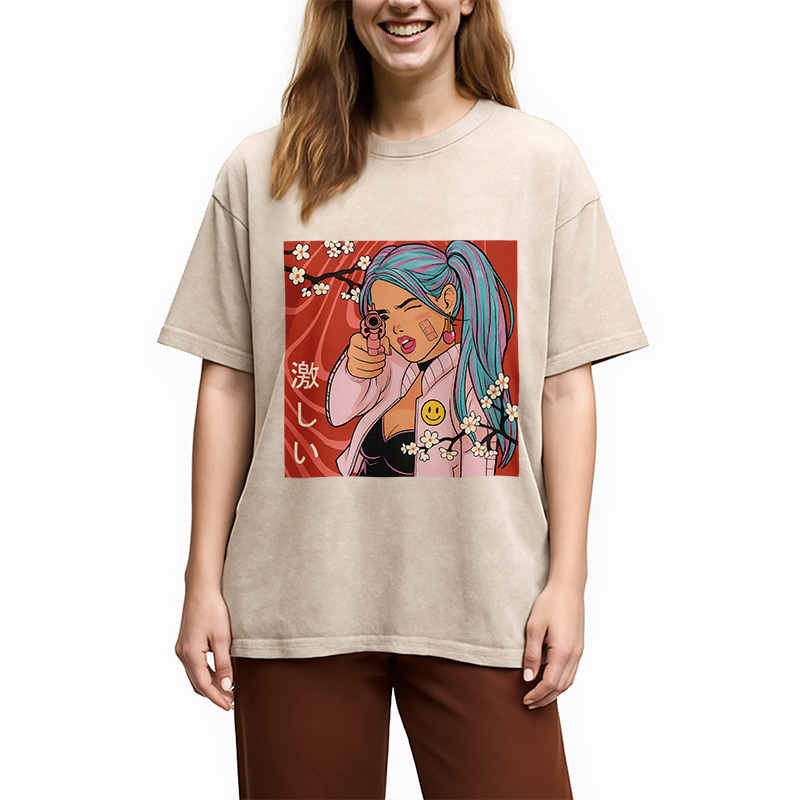 Tokyocanvas Cherry Blossoms in Error 404 Anime Girl Washed T-Shirt
