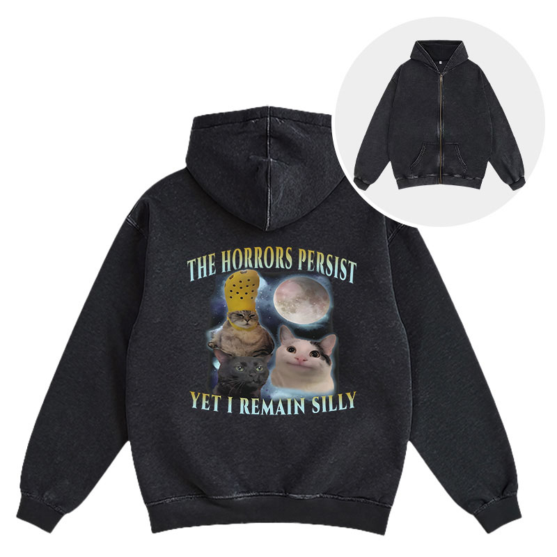 Tokyocanvas The Horrors Persist Yet I Remain Silly Cat Washed Zip Hoodie