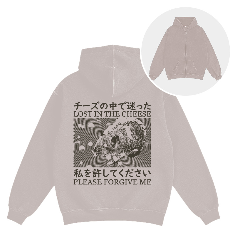 Tokyocanvas Lost in the Cheese Please Forgive Me Washed Zip Hoodie