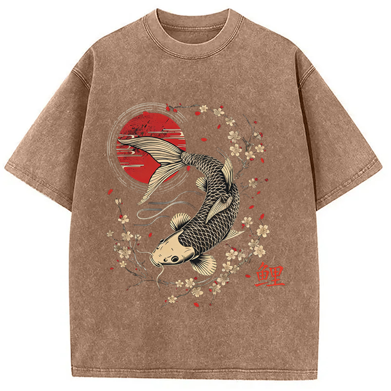 Tokyocanvas Kersenbloesem Koi Karper Washed T-Shirt