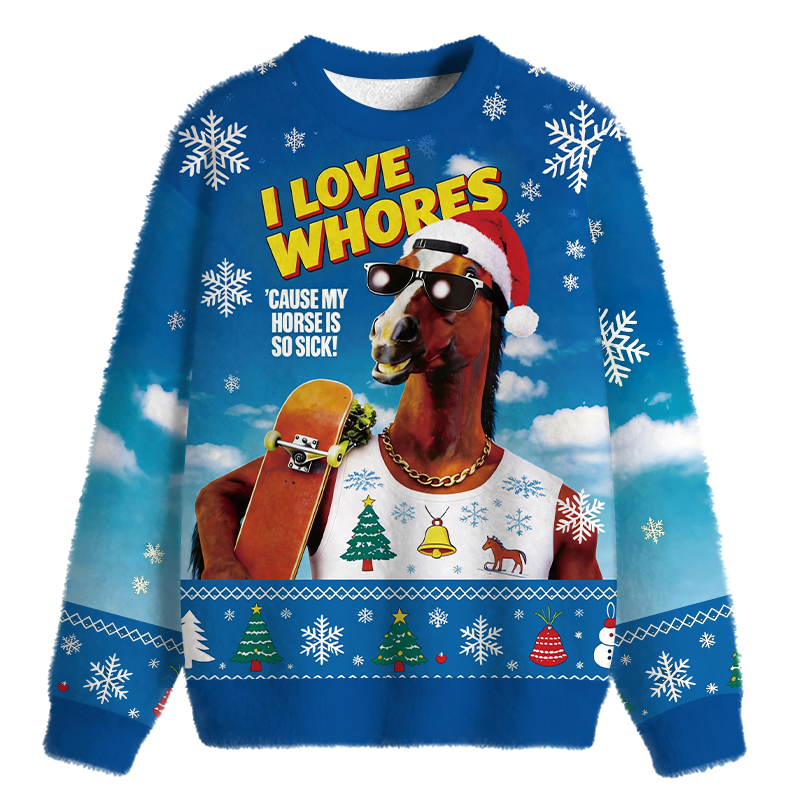 Tokyocanvas My Horse Is So Sick Fuzzy Christmas Ugly Sweatshirt