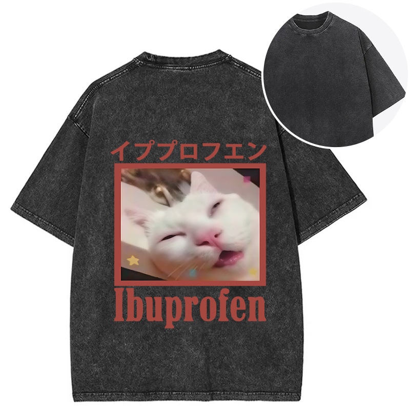 Tokyocanvas Ibuprofen Meme Cat Back Washed T-Shirt