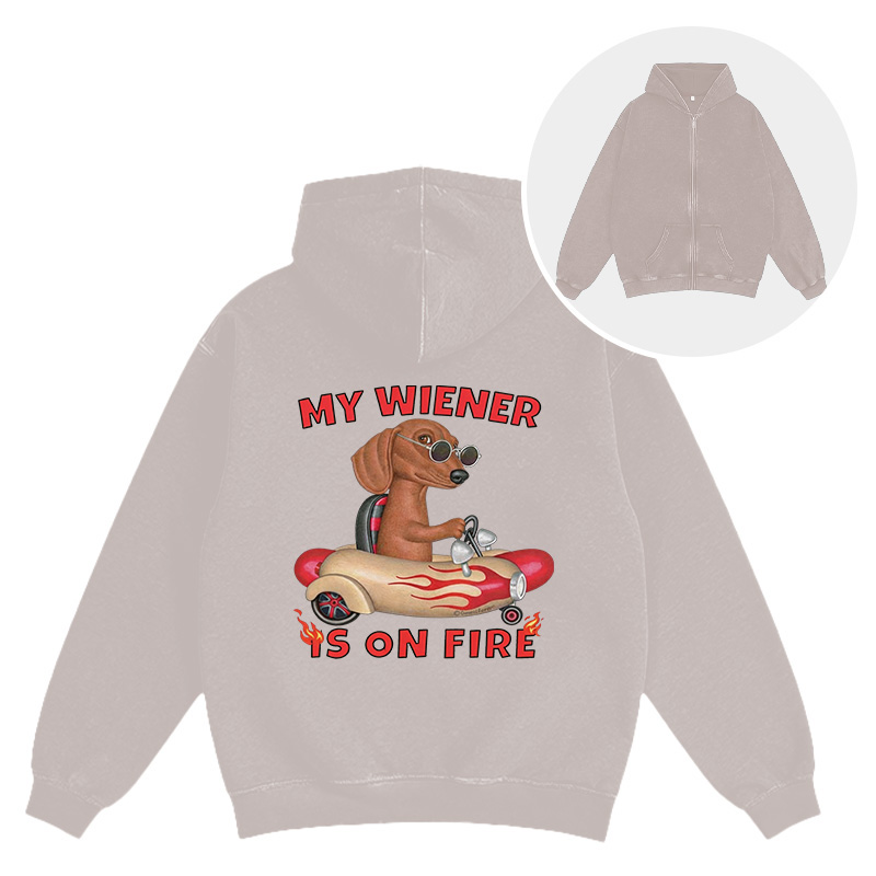 Tokyocanvas My Wiener Is On Fire Funny Dog Washed Zip Hoodie
