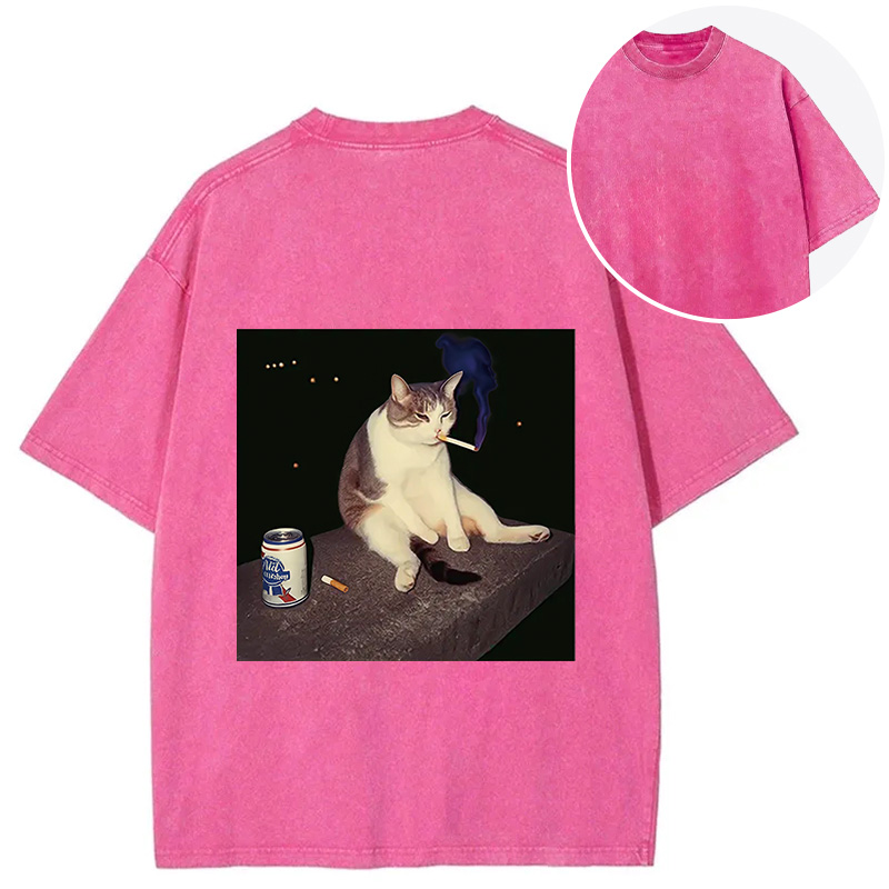 Tokyocanvas Cigarette Kitten Funny Smoking Cat Meme Back Washed T-Shirt