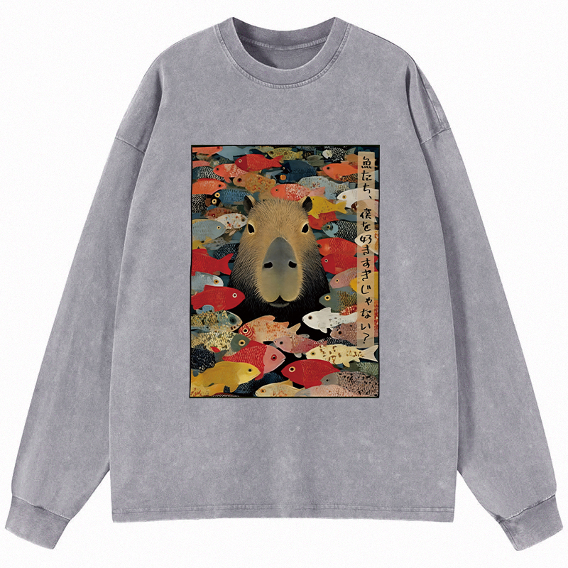 Tokyocanvas Am I Too Lovable Capybara Long Sleeve Washed T-Shirt