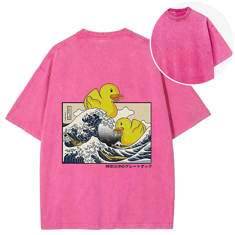 Tokyocanvas Ukiyoe Waves And Cute Yellow Duck Back Washed T-Shirt