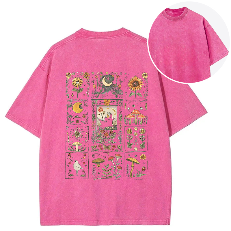 Tokyocanvas Frog Cottagecore Floral Whimsical Mushroom Back Washed T-Shirt