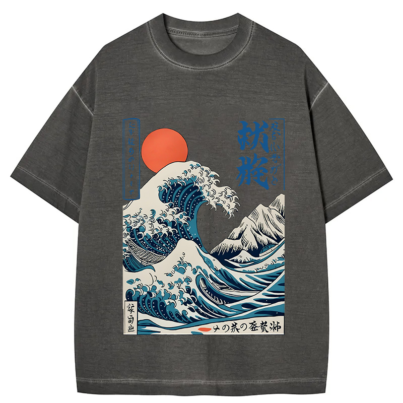 Tokyocanvas Ukiyo-e Ocean Waves Japan Gradient Washed T-Shirt