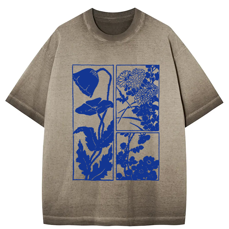 Tokyocanvas Woodcut Flowers Gradient Washed T-Shirt