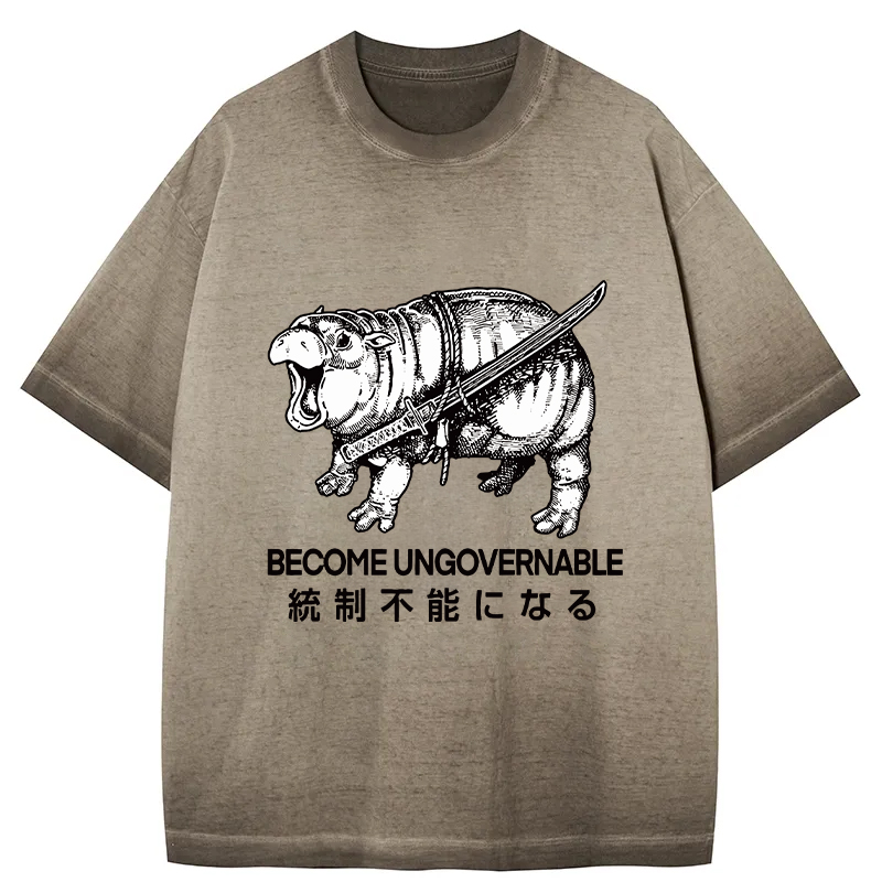 Tokyocanvas Moo Deng Carrying A Samurai Sword Gradient Washed T-Shirt