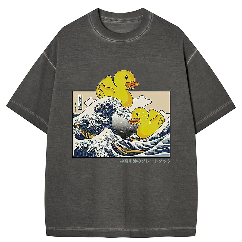 Tokyocanvas Ukiyoe Waves And Cute Yellow Duck Gradient Washed T-Shirt