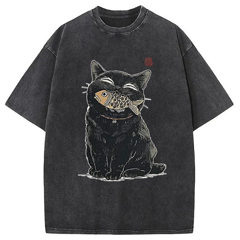 Tokyocanvas Happy Black Cat Washed T-Shirt