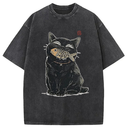 Tokyocanvas Happy Black Cat Washed T-Shirt