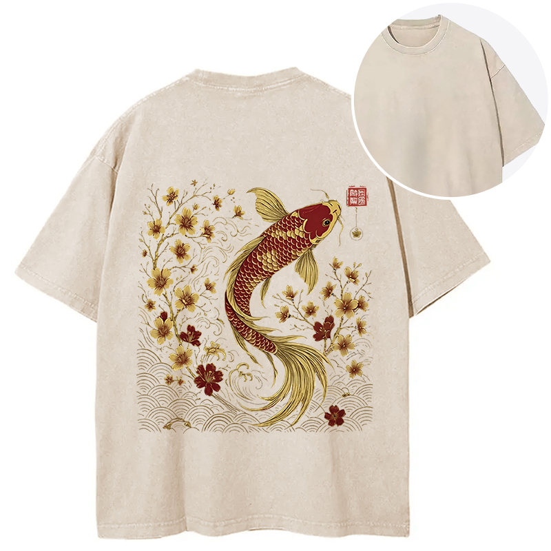Tokyocanvas Vintage Sakura And Koi Back Washed T-Shirt