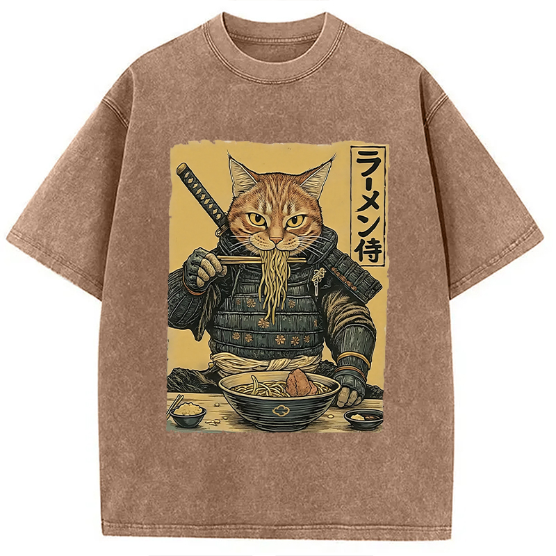 Tokyocanvas Cat General Eating Ramen Washed T-Shirt