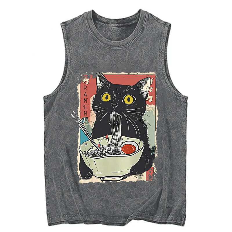 Tokyocanvas Cute Cat Eating Ramen Washed Tank