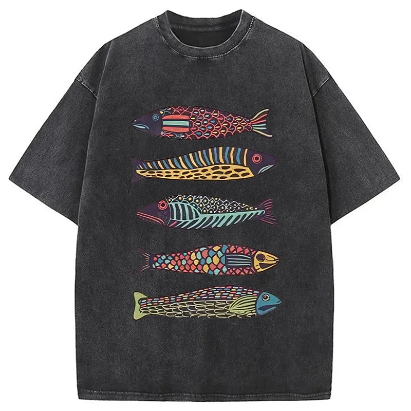 Tokyocanvas Colourful Schools Of Fish Washed T-Shirt