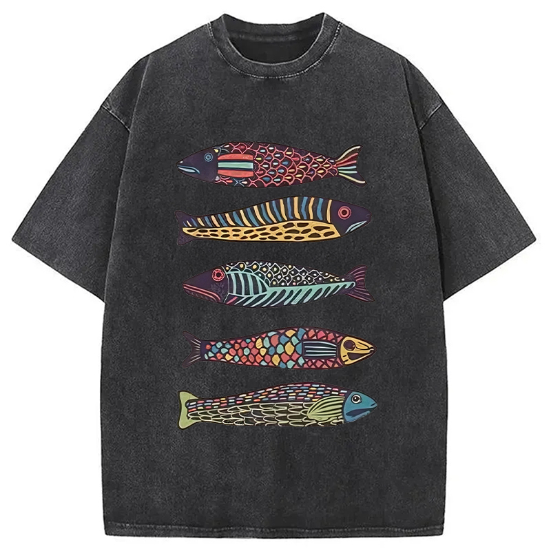Tokyocanvas Colourful Schools Of Fish Washed T-Shirt