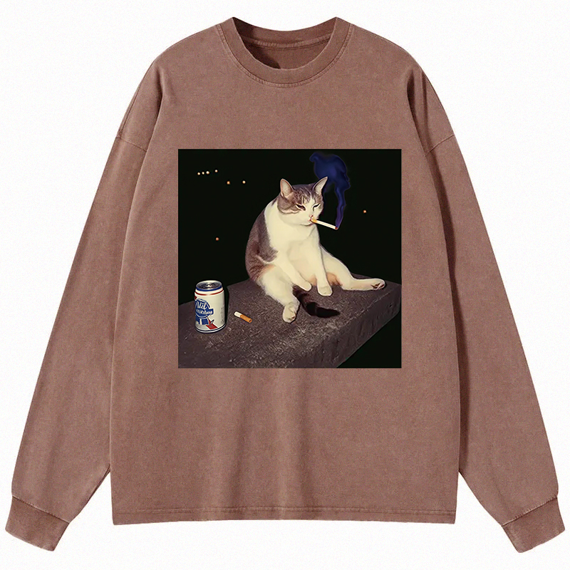 Tokyocanvas Cigarette Kitten Funny Smoking Cat Meme Long Sleeve Washed T-Shirt