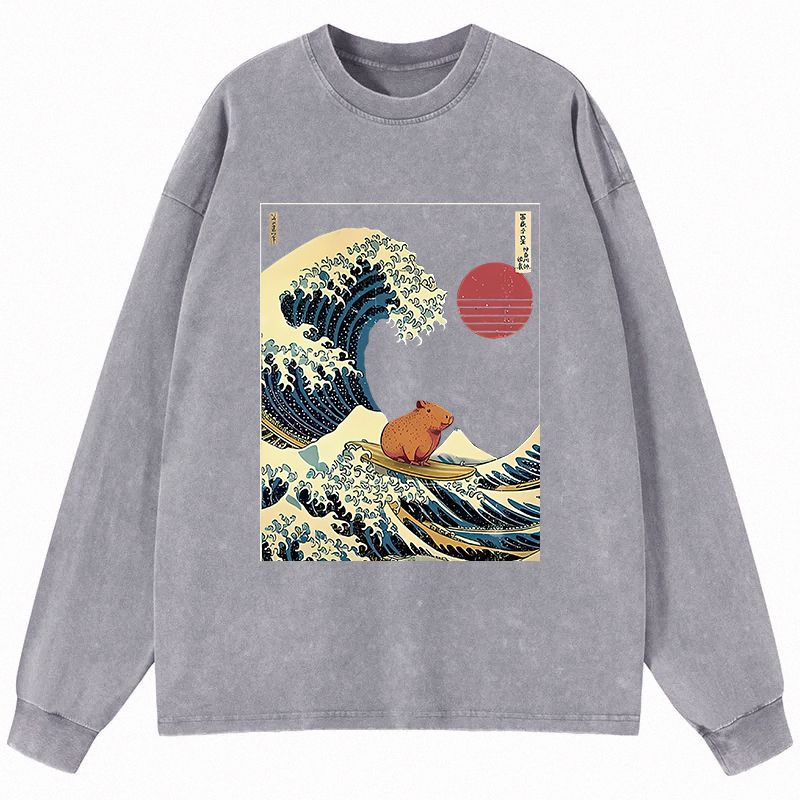 Tokyocanvas Capybara Surfing Long Sleeve Washed T-Shirt