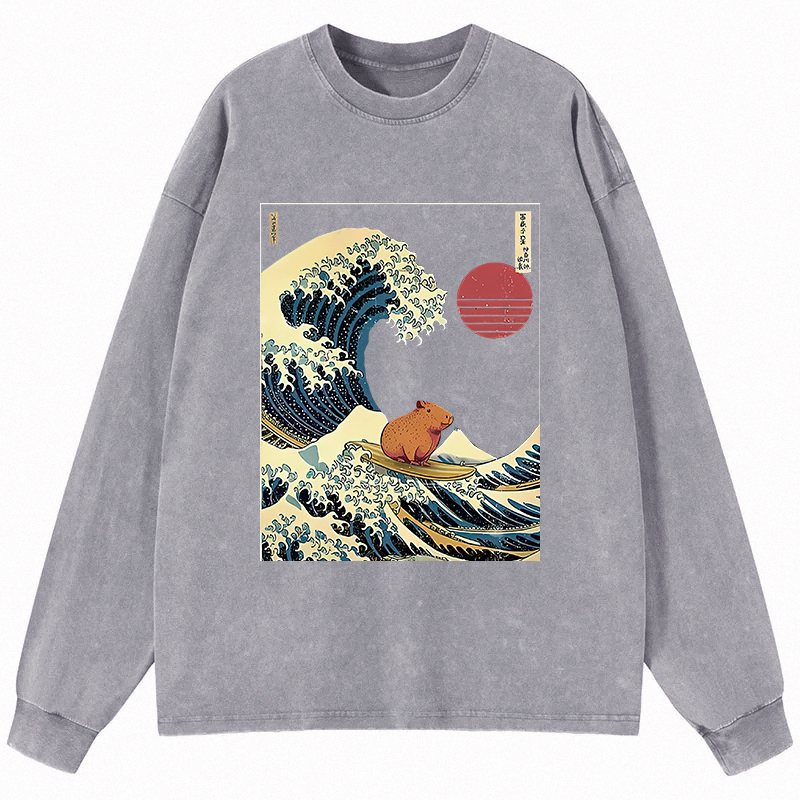 Tokyocanvas Capybara Surfing Long Sleeve Washed T-Shirt