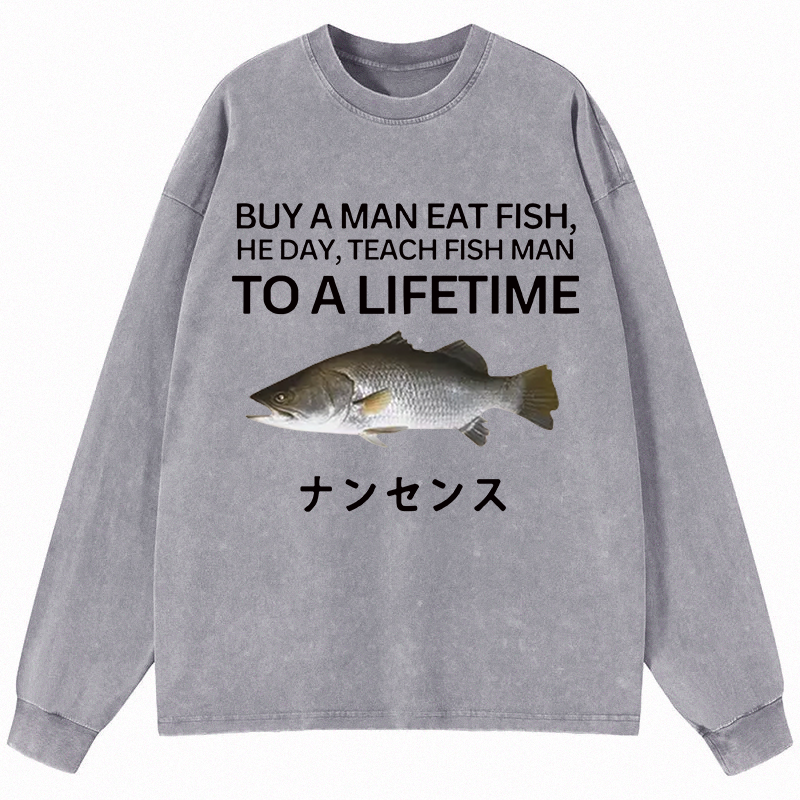 Tokyocanvas Buy a Man Eat Fish Long Sleeve Washed T-Shirt
