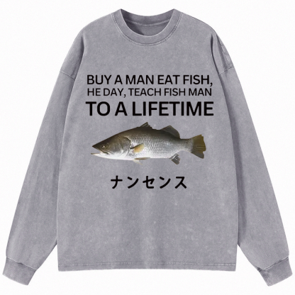 Tokyocanvas Buy a Man Eat Fish Long Sleeve Washed T-Shirt