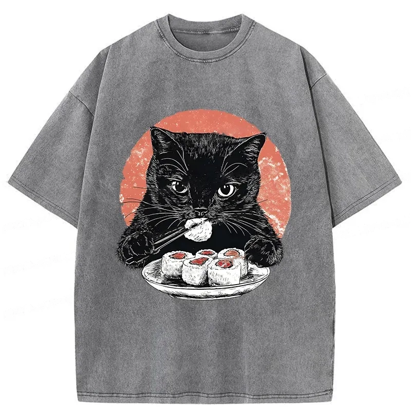 Tokyocanvas Cat Eating Delicious Sushi Washed T-Shirt
