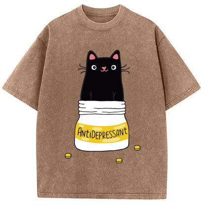 Tokyocanvas Cute Cat Antidepressant Funny Meme Washed T-Shirt