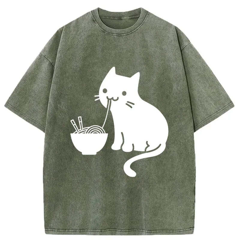 Tokyocanvas Cat Eating Ramen Japan Washed T-Shirt