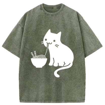 Tokyocanvas Cat Eating Ramen Japan Washed T-Shirt