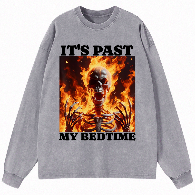 Tokyocanvas It's Past My Bedtime Funny Skeleton Meme Long Sleeve Washed T-Shirt