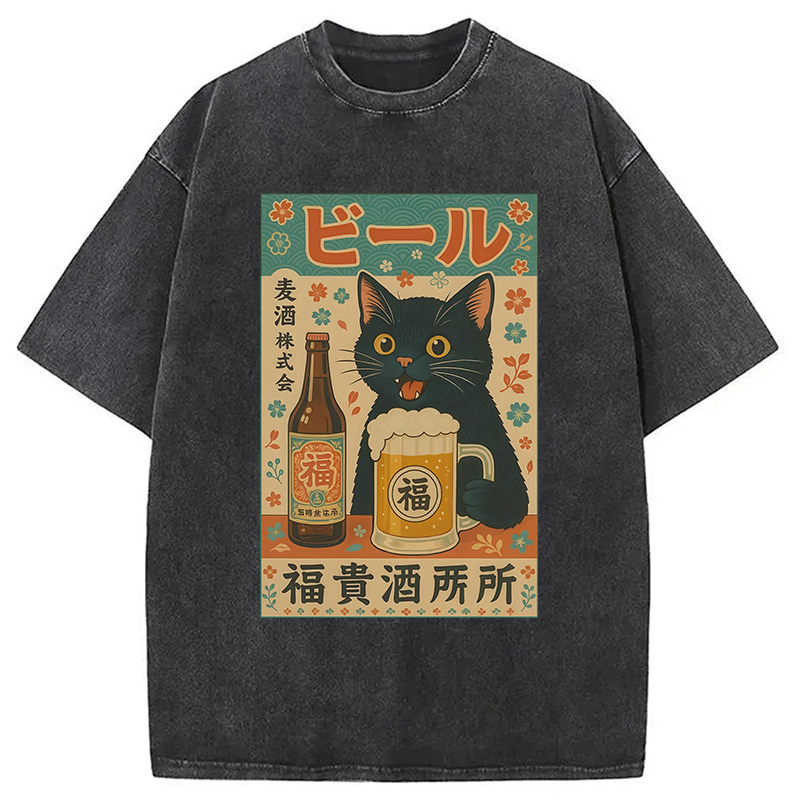 Tokyocanvas Japanese Black Cat Beer Washed T-Shirt