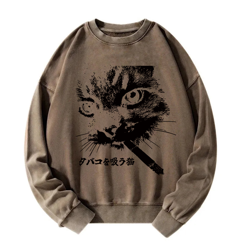Tokyocanvas Retro Cat Smoking Washed Sweatshirt