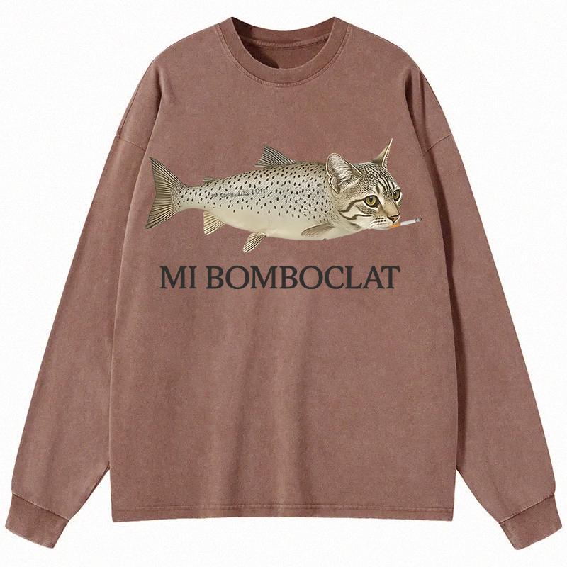 Tokyocanvas Bomboclat Fish Cat Meme Long Sleeve Washed T-Shirt