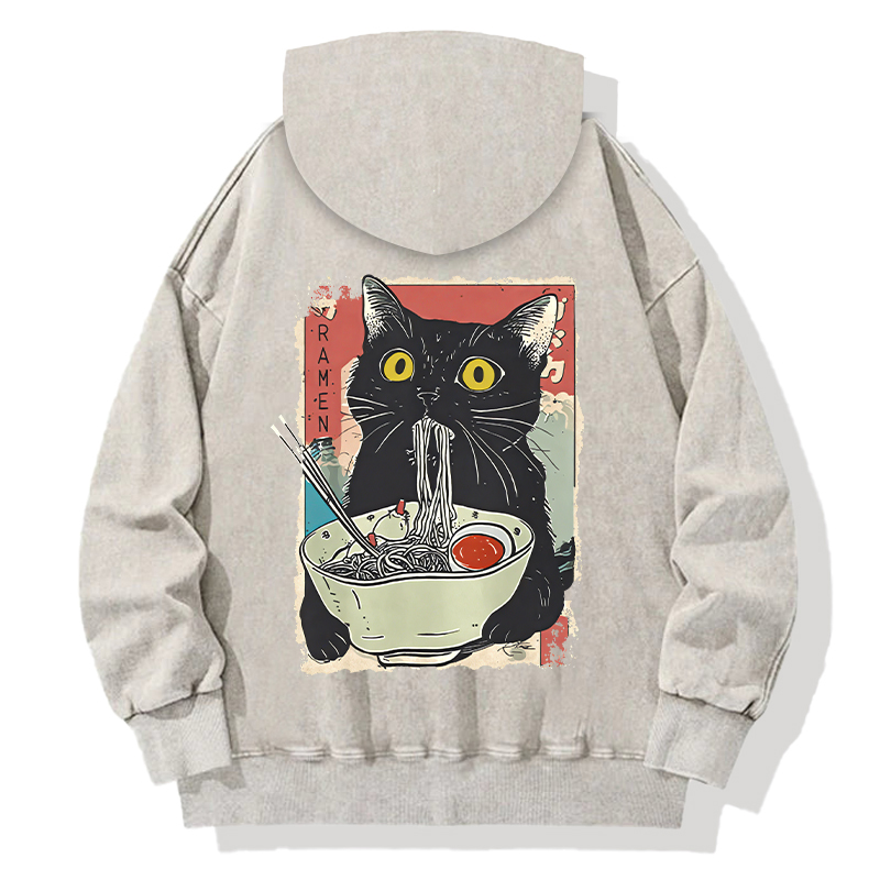 Tokyocanvas Cute Cat Eating Ramen Back Washed Hoodie