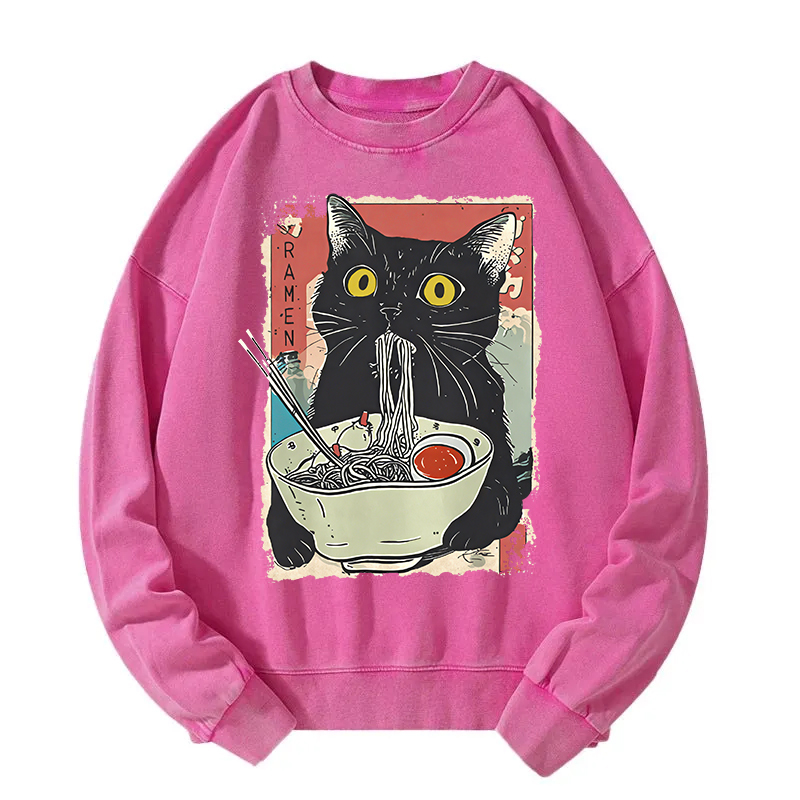 Tokyocanvas Cute Cat Eating Ramen Washed Sweatshirt