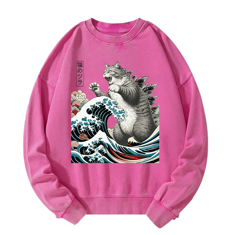 Tokyocanvas Godzilla Ukiyoe Great Wave Vintage Japanese Design Washed Sweatshirt