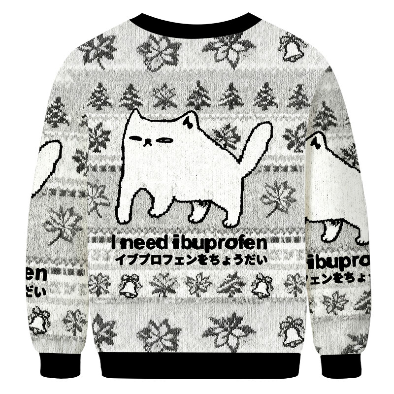 Tokyocanvas I Need Ibuprofen Cat Christmas Ugly Sweatshirt