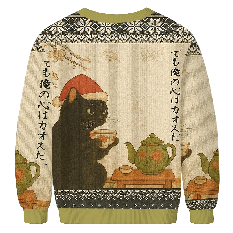 Tokyocanvas Black Cat Drinking Tea Christmas Ugly Sweatshirt