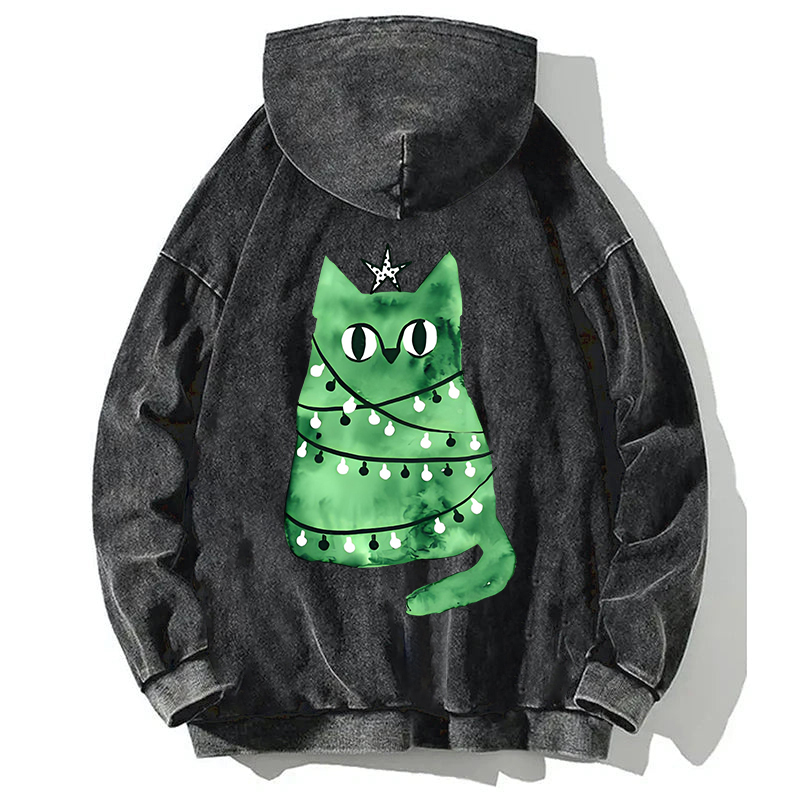 Tokyocanvas Watercolor green Christmas cat Back Washed Hoodie