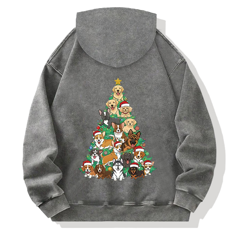 Tokyocanvas Christmas Tree Dog Funny Back Washed Hoodie