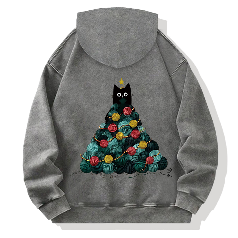 Tokyocanvas Yarn Christmas Tree Cat Back Washed Hoodie