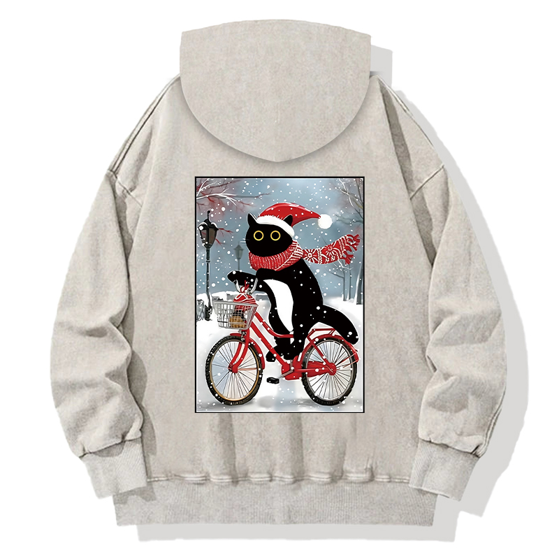 Tokyocanvas Black Cat Riding A Bicycle Back Home Back Washed Hoodie