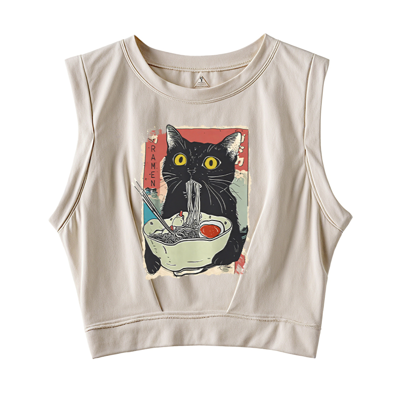 Tokyocanvas Cute Cat Eating Ramen Sleeveless Crop Top