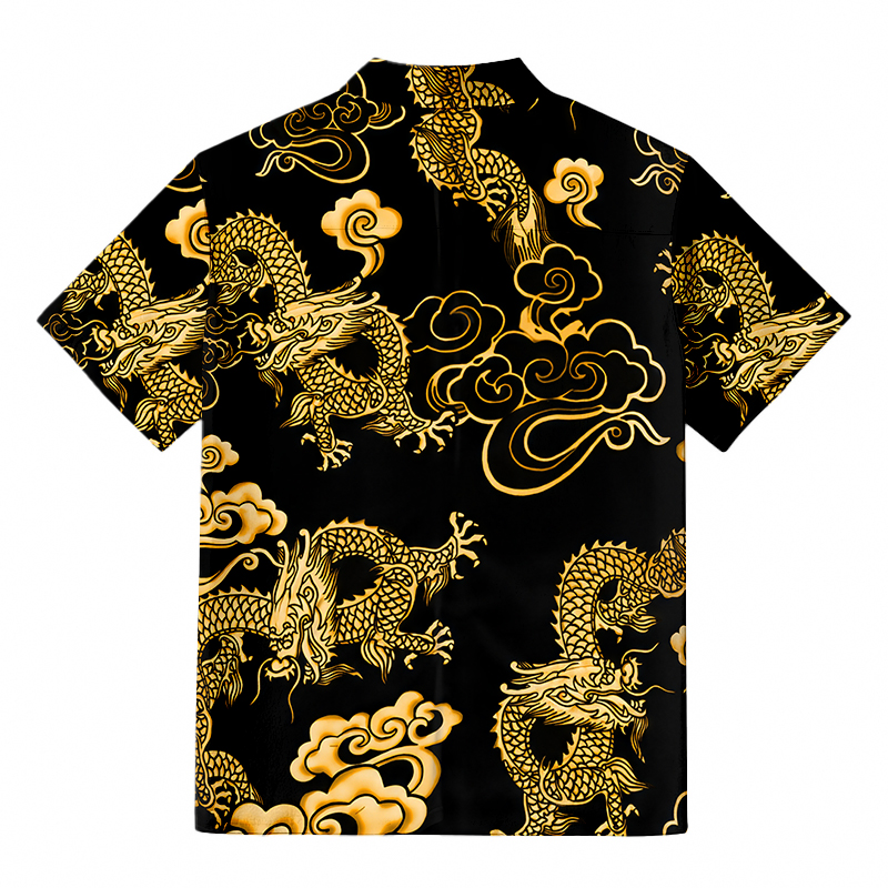 Tokyocanvas Black Gold Oriental Dragon Hawaiian Shirt