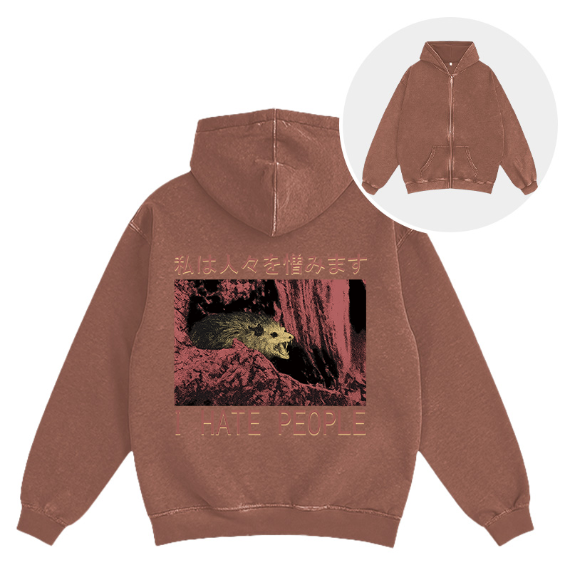 Tokyocanvas I Hate People Opossum Washed Zip Hoodie