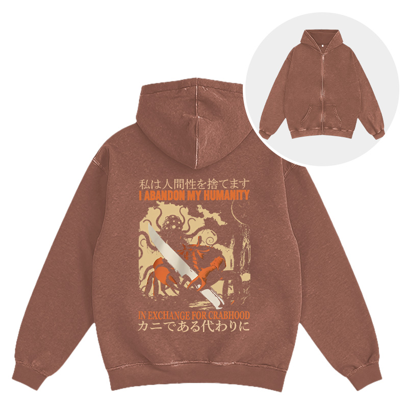 Tokyocanvas I Abandon My Humanity Crab Vintage Washed Zip Hoodie