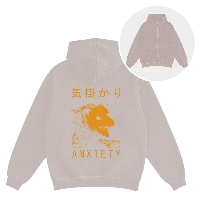 Tokyocanvas Anxiety Japanese Opossum Washed Zip Hoodie
