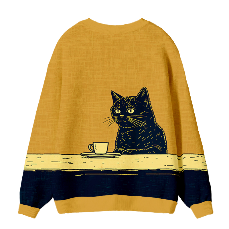 Tokyocanvas Black Cat Waiting for Coffee Ugly Cardigan Sweatshirt